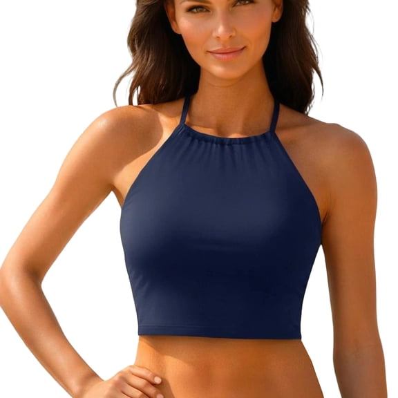 CIENVNSTG Womens Cropped Halter High Neck Bikini Top Padded Modest Swimwear Lightweight Elastic Fabric Bathing Suit Top for Daily Beach and Pool Water Use Navy XL