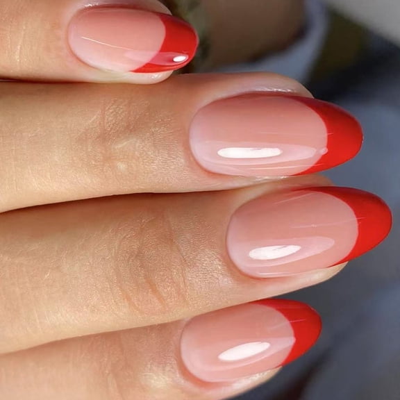 Zeiwohndc 24Pcs Red Glossys Fake Nail Short Almond Shape French Tips Glitters No Tools