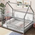 thumbnail image 3 of Jopath Full Size House Floor Wooden Bed with Roof Frame, Safety Guardrails for Boys Girls Grey, 3 of 9