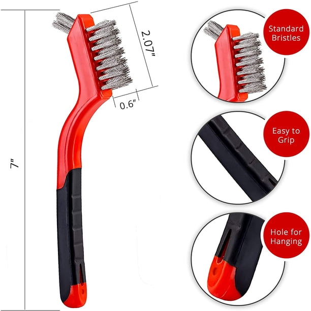 Juego de cepillos de alambre de 3 piezas - Cerdas de nailon/latón/acero inoxidable con mango curvo para fregar el óxido, la suciedad y la pintura con limpieza profunda - 7 pulgadas Vhermosa WRMH-1251