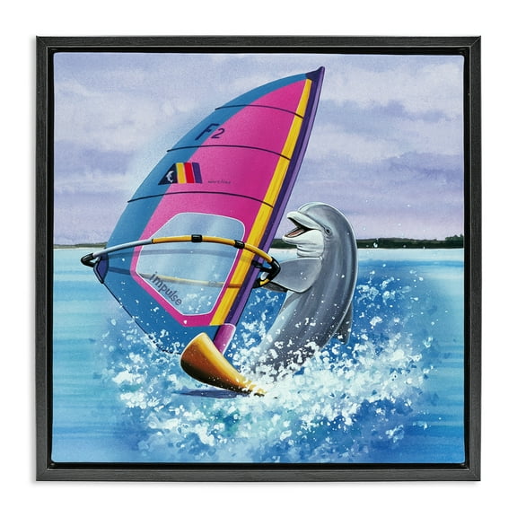 Stupell Industries Wind Surfer Dolphin Animals Painting Black Floater Framed Canvas Art Print Wall Art, 18 x 18