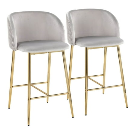 Fran Pleated Waves Contemporary Fixed-Height Counter Stool In Gold Metal And Silver Velvet - Set Of 2