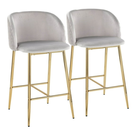 Fran Pleated Waves Contemporary Fixed-Height Counter Stool In Gold Metal And Silver Velvet - Set Of 2