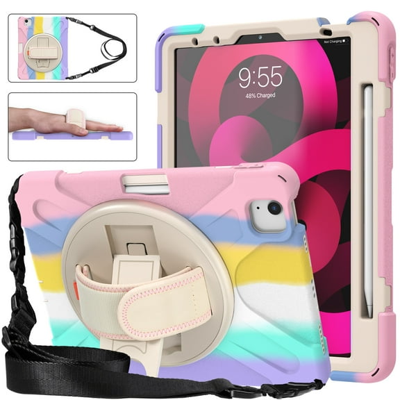 Dteck Case for iPad Air 4th Gen, Heavy Duty Hybrid Rugged Shockproof Kids-Friendly Case with Shoulder Strap, Handle Strap, Kickstand for iPad Air 10.9 inch 4th Gen 2020 Release, Rainbow Pink