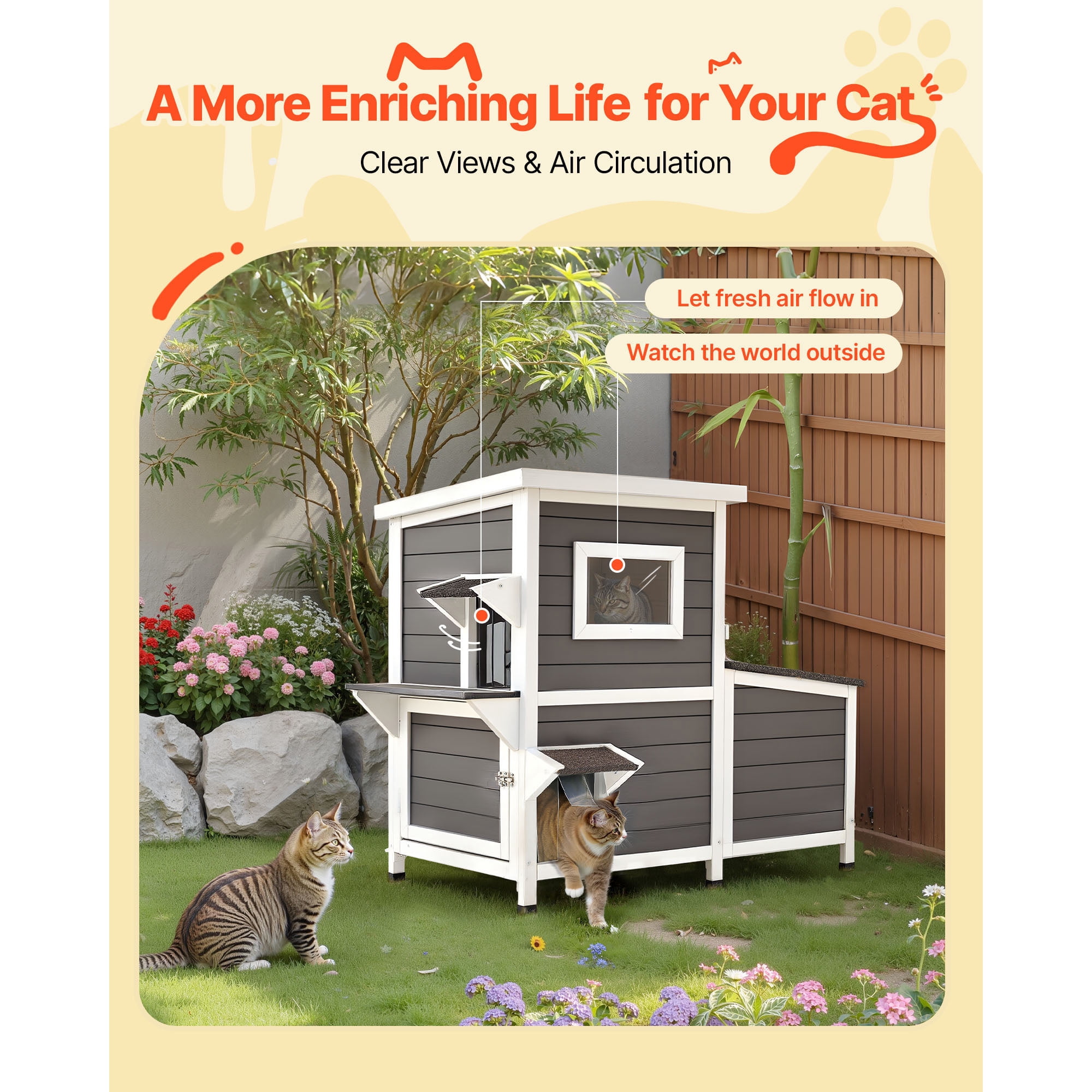 KFFKFF Wooden 2-Story Outdoor Cat House, Elevated Shelter for Feral Cats with Stairs, Windows, Flap Doors, 42"