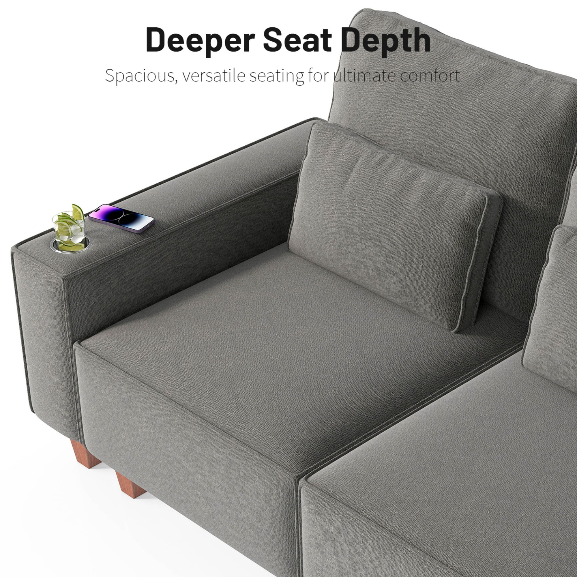 Gewnee Chenille 3 Seater Sofa with Wide Armrests,Cup Holders and Pillows,Comfortable WideSeat Sofa for Living Room or Apartment.Dark Grey