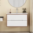 thumbnail image 4 of 32-Inch Wall-Mounted Bathroom Vanity With Sink Combo, Cabinet With Double Drawers,Soft-Close System,Ceramic Sink,Solid Wood,Easy to Install,Unique Handle-Free Design,Walnut+White, 4 of 24