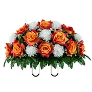 Sympathy Silks Artificial Cemetery Flowers 30" Sunset Orange Rose/White Mum Saddle for Headstone