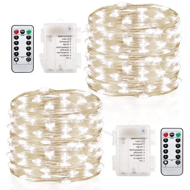 2 Pack Fairy Lights Fairy String Lights Battery Operated Waterproof 8 Modes Remote Control 100 Led String Lights 32.8ft Copper Wire Firefly lights Christmas Decor Christmas Lights Cool White