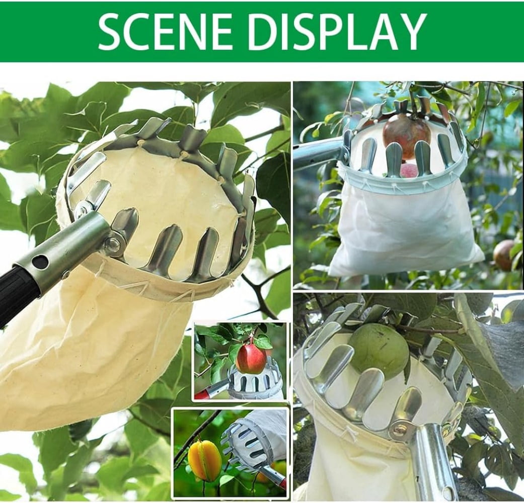 Fruit Picker, Dingrich 2.8 m Apple Picker with Telescopic Handle, Extendable Reach Metal Picker with Cotton Bag, Food Picking Equipment with Non-Slip Grip Handle for Garden Tool