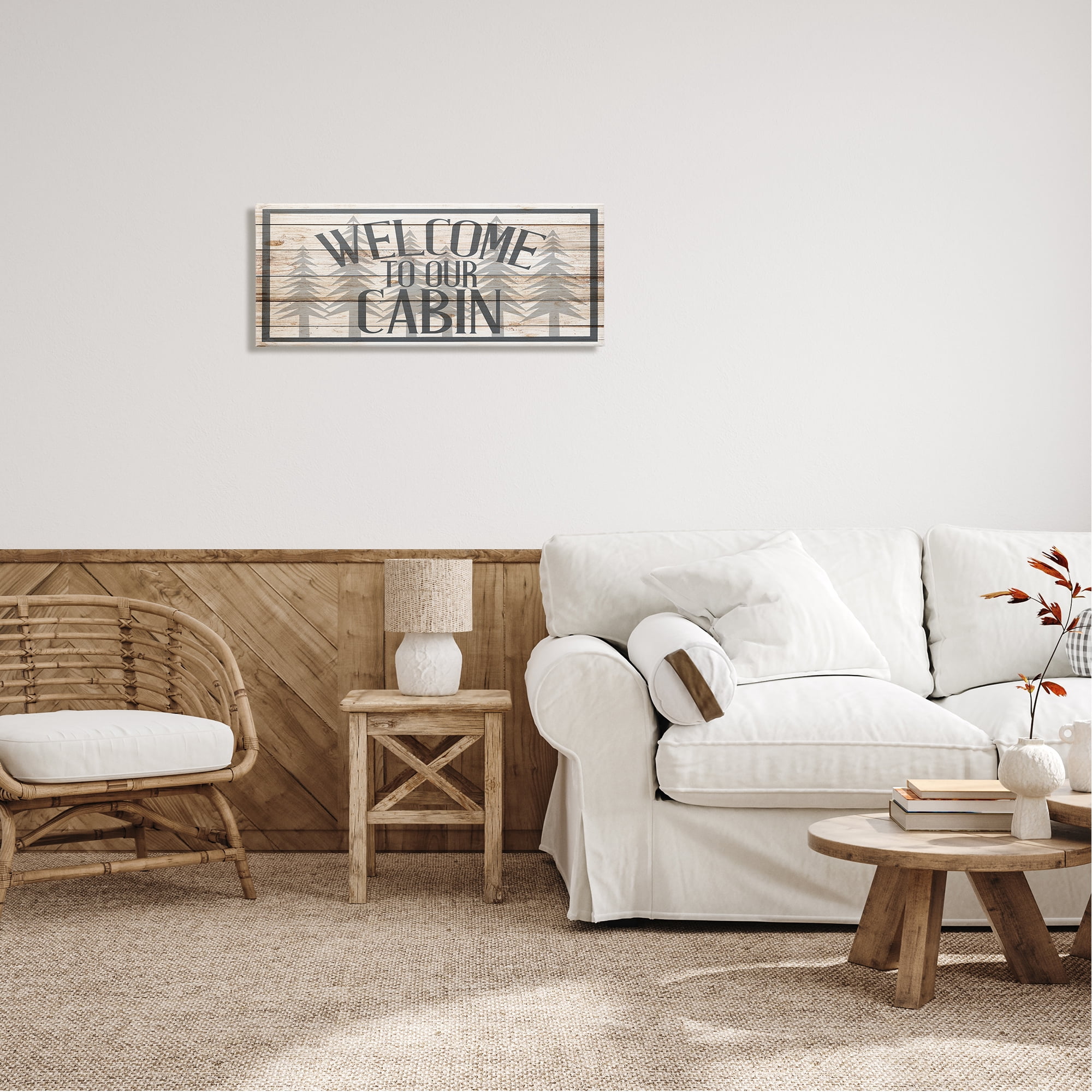 Stupell Industries Cabin Welcome Sign Rustic Pine Trees Text Design Cabin Painting Gallery-Wrapped Canvas Print Wall Art, 30 x 13, Design by Kim Allen