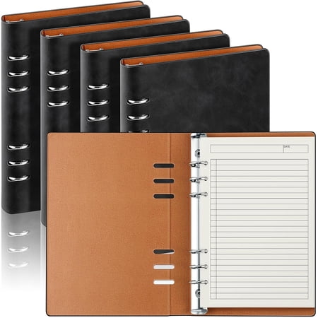 4 count A5 Binder 6 Ring Notebook, Refillable Planner Binder, Small Leather Writing Journal with 100 Sheets Paper, Professional Notebook for Office School Supplies, Budget, 9 x 6.49 Inch, Black