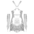 thumbnail image 2 of TSSOE Women Glittery Latin Dance Outfit Sleeveless Tassel Leotard with Gloves  Salsa Ballroom Dance Silver XL, 2 of 5
