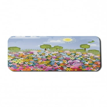 Cartoon Computer Mouse Pad, Flourishing Spring Meadow with Colorful Blossoms Butterflies Trees Growth Foliage, Rectangle Non-Slip Rubber Mousepad Large, 31" x 12", Multicolor, by Ambesonne