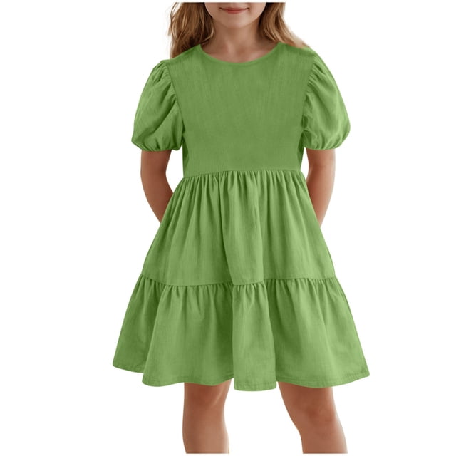 Mgmyaa Robe d'Été à Manches Courtes Smockée à Volants pour Filles Col Rond Ligne A Robes Fluides Taille 5-15 Ans