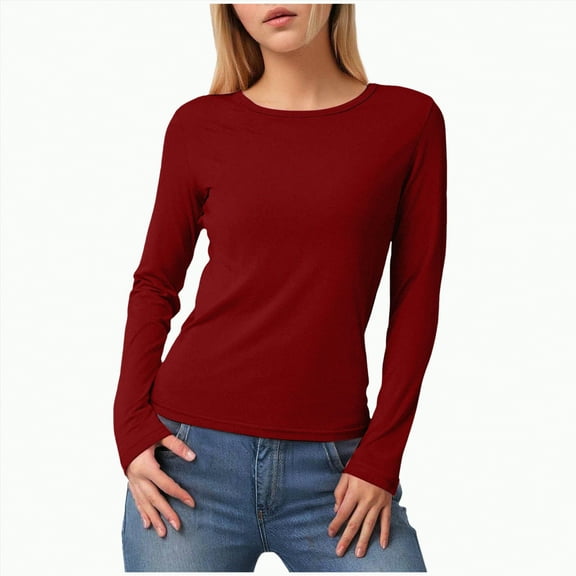 Linfrsh Womens Long Sleeve Thermal Shirts Womens Long Sleeve Shirts Crew Neck Stretchy Fitted Ribbed Tops Basic Base Layer Soft Thermal Undershirts Tee Wine,M