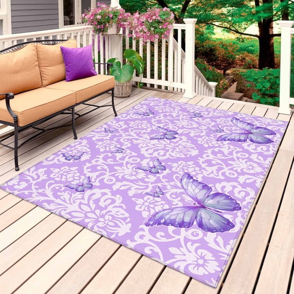 Purple Butterflies Flowers Outdoor Rug 3x5 Ft, Non Slip Washable Area Rug, Boho Vintage Floral Botanical Patio Rugs Carpet Runner, Large Floor Mat for Indoor/Outdoor Deck Porch Camping