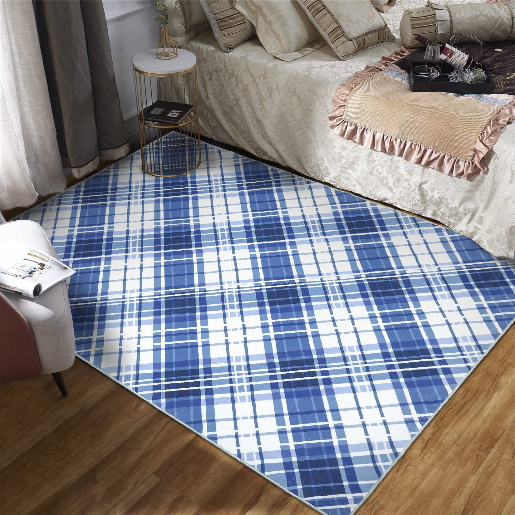 FairOnly Runner Rug 2' x 6' Modern Soft Rug Washable Area Rug Non Slip Rug Plaid Design Area Rug for Hallway Bathroom, Blue