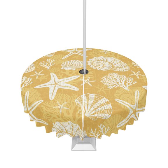 Outdoor Tablecloth with Umbrella Hole and Zipper Yellow Coastal Marine Life Round Tablecloths 60 Inch Waterproof Starfish Shell Conch Patio Table Cover for Outdoor Tables BBQS Party Decor