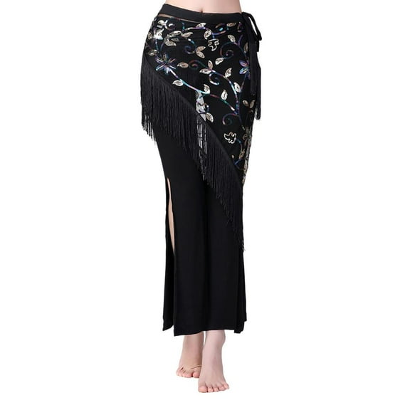 Women's Belly Dance Hip Scarf with Fringe Sequins Mesh Triangle Skirt Hip Scarf Black Colorful