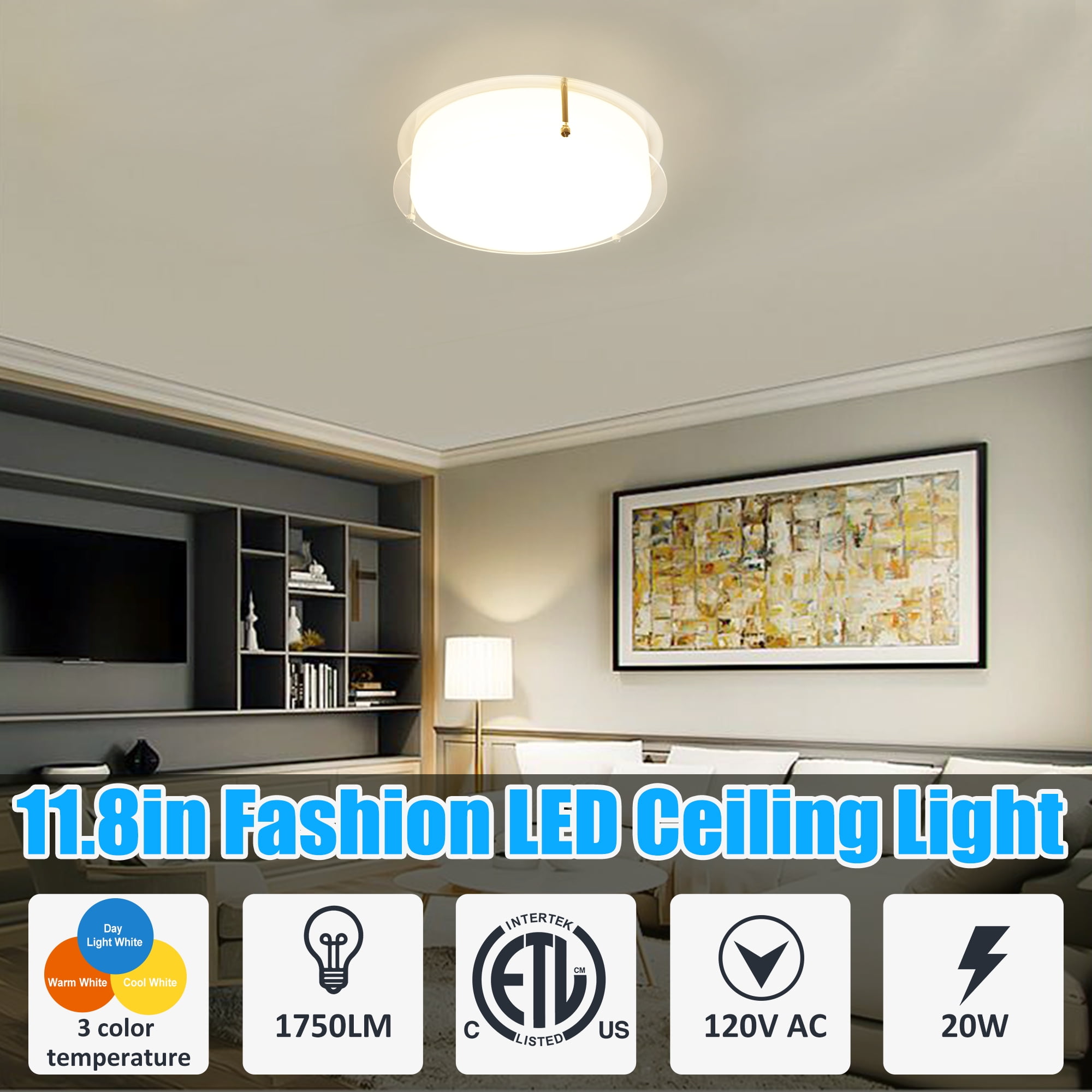 MingBright Flush Mount LED Ceiling Light Fixture, 12 inch 20W 1750 Lumens Ceiling Lamp, 3000K/4000K/5000K 3 Color Temperatures, cETL Certified for Kitchen, Hallway, Bedroom, Laundry