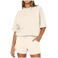 thumbnail image 1 of LNGOOR Ensembles Décontractés 2 Pcs pour Femmes, Hauts à Col Ras du Cou à Manches Courtes et Shorts à Cordon, Ensembles de Sport Survêtements avec Poches, 1 of 9