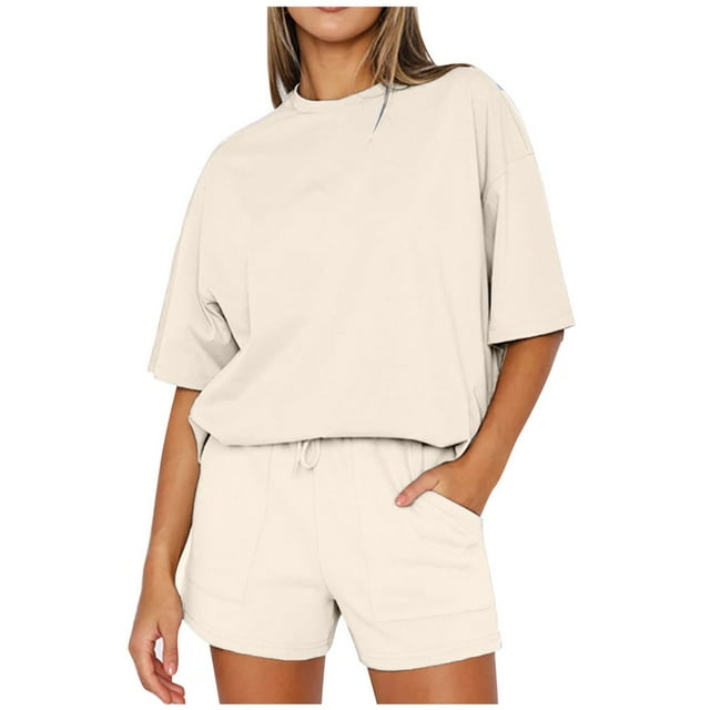LNGOOR Tenues Décontractées 2 Pcs pour Femmes Col Rond Manches Courtes Hauts et Shorts à Cordon Ensembles de Sport Survêtements avec Poches