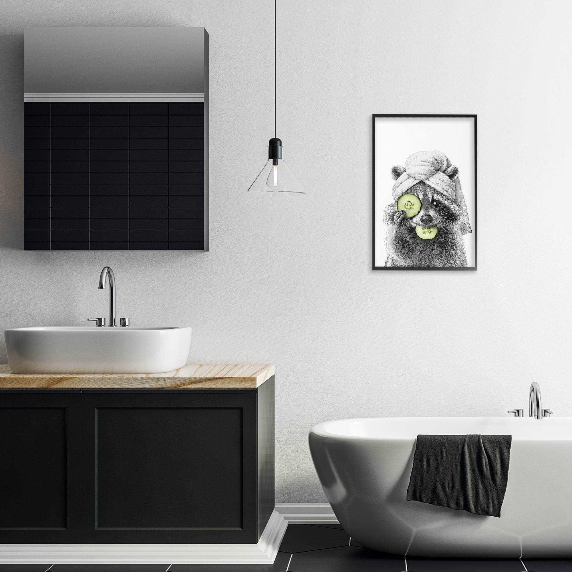 Stupell Industries Raccoon Spa Day Typography Painting Black Framed Art Print Wall Art, 16 x 24