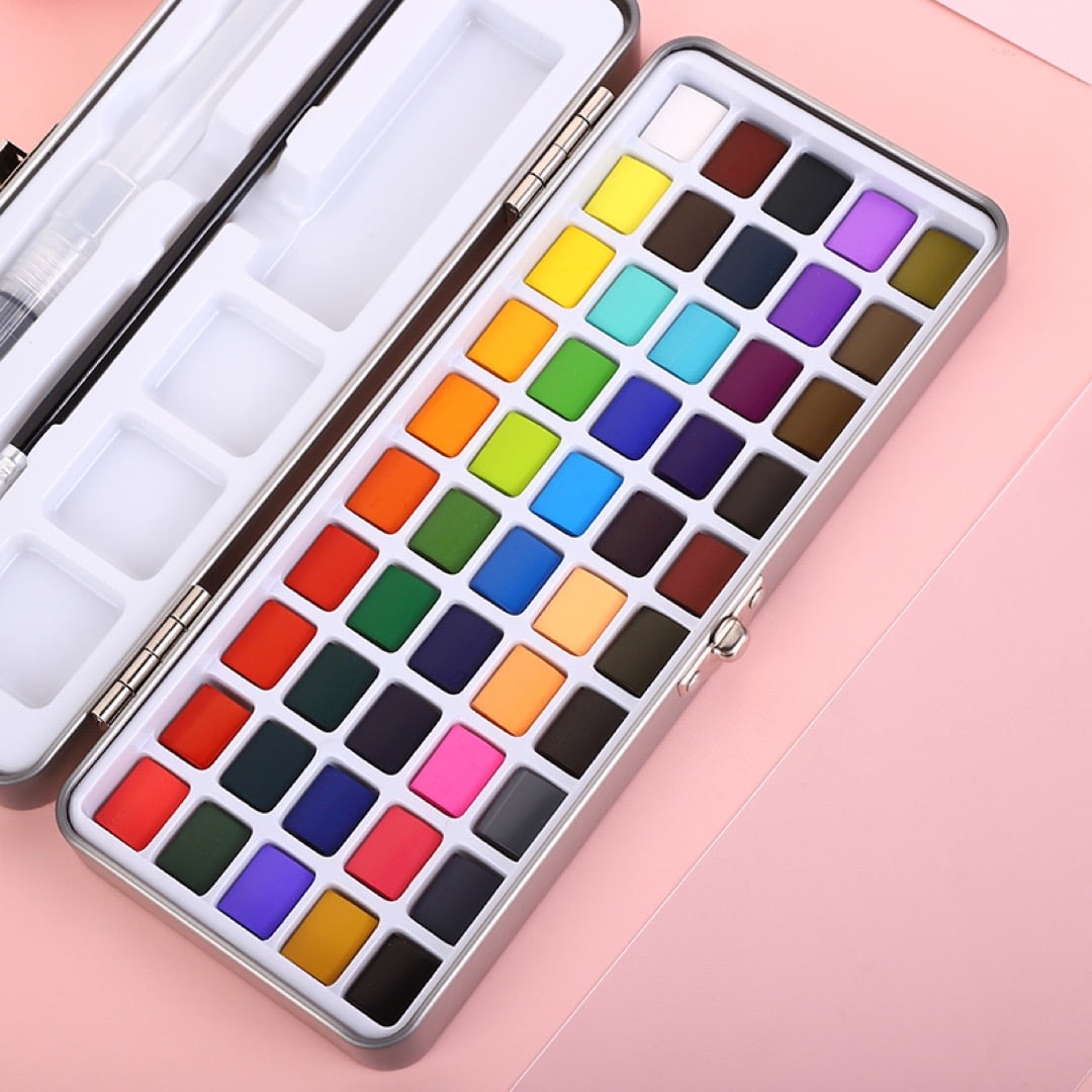 UU&T Watercolor Painting Set, 50 Vivid Pigments in Portable Travel Box with Brush Palette for Students, Adults