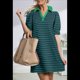 thumbnail image 5 of Minivestido Informal de Verano A Rayas con Cuello en V, Corta, Corte A, Holgado, Verde Oscuro, Talla M, 5 of 10