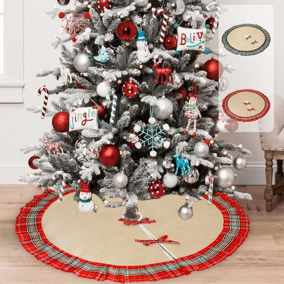 Yhmxh 40 Inch Christmas Tree Skirt, Decorations Linen Burlap Tree Skirt with Grid edge, Round Xmas Cover for Christmas Party Mat Fall Indoor Outdoor Holiday Family Winter Home Decorations
