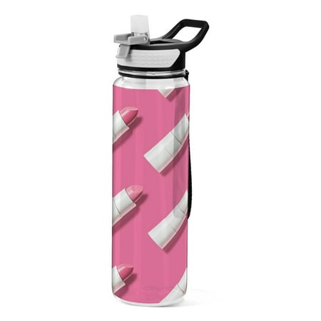 

32oz Transparent Sports Water Bottle with Straw BPA Free Tritan for Kids Adults Outdoor School Gym Fitness White Lipsticks Pattern