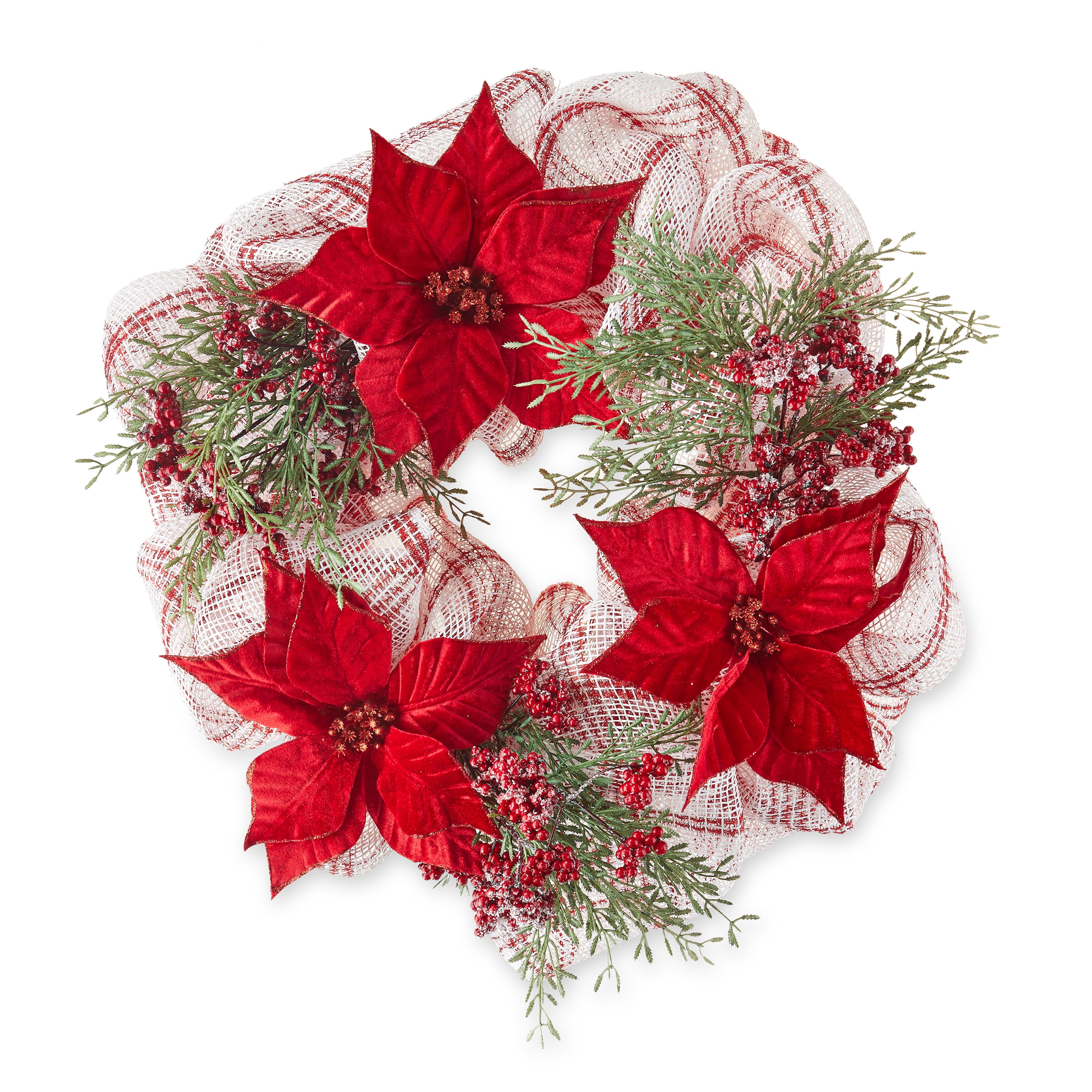 Holiday Time 20 inch Red Poinsettia Mesh Christmas Wreath