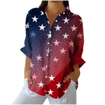 4th of July Shirts for Women Button Down Stars Striped Print Rolled Long Sleeve Collared Blouses Festive Outfits (XL, Red)