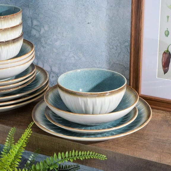 16-Piece Embossed Double Bowl Dinnerware Set, Service for 4 – Blue Stoneware Plates and Bowls