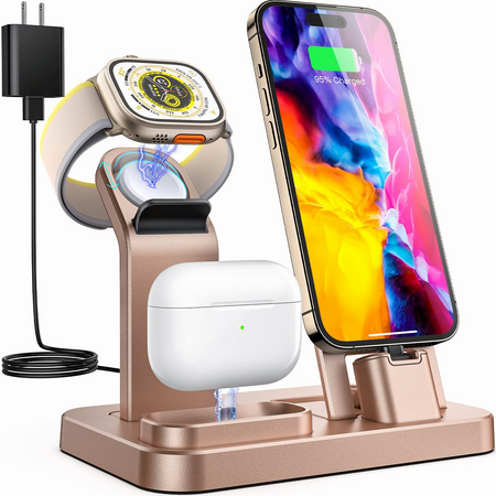 3 in 1 Wireless Charging Station,Self Adjusting Charging Dock for iWatch 8 7 6 SE 5 4 3 2 1, Built-in Charger Stand for iPhone Series AirPods Pro 3 2 1 (with 15W Adapter)