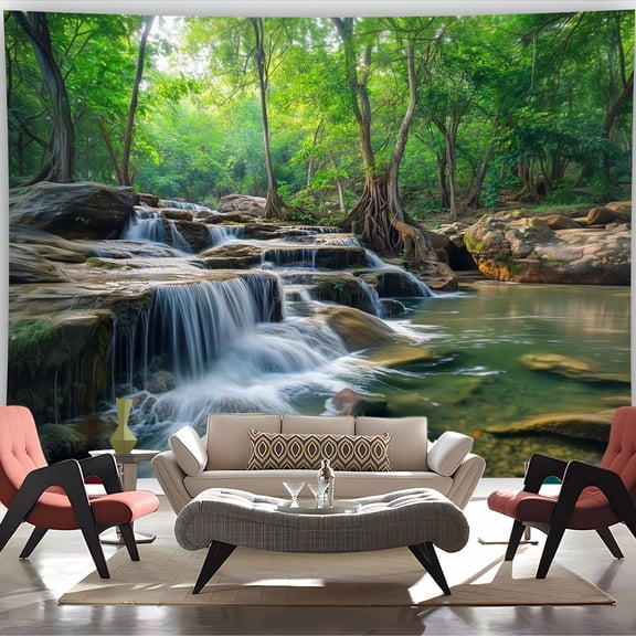Gojian Nature Tapestry Forest Tree Sea Cave Wall Hanging, Stream Through Rainforest Landscape Wall Art Tapestry for Bedroom Living room