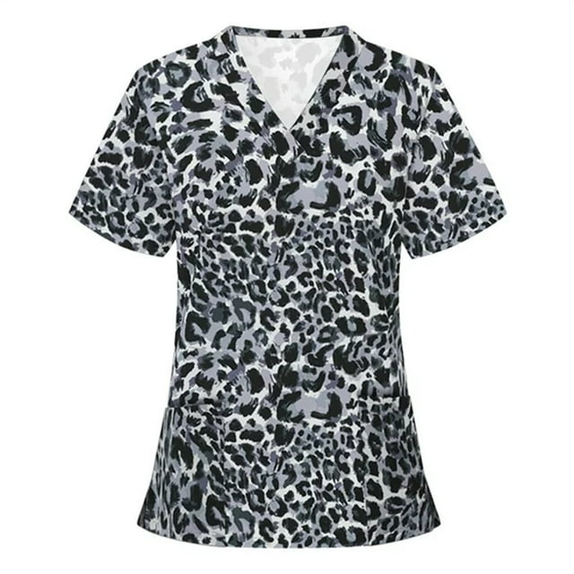 Women's Short Sleeve Summer Tops - Comfortable Cartoon Floral Animal Print For Medical Nurse Uniform