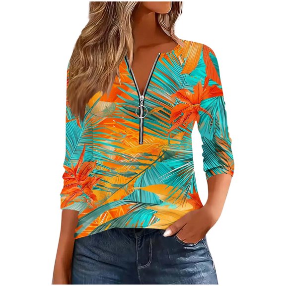 Uootdi Women's Tropical Leaf Print Zip Neck Blouse Long Sleeve Casual Loose Fit Orange Green Summer Trendy Top Green Women Tops