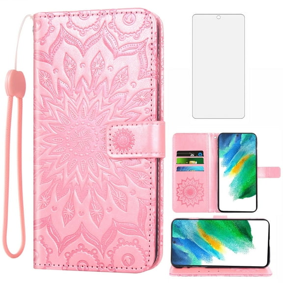 Compatible with Samsung Galaxy S21 FE 5G Wallet Phone Case and Tempered Glass Screen Protector Flip Credit Card Holder Stand Flower Cell Cover for S 21 EF S21FE5G UW S21FE 21S G5 6.4 inch Pink