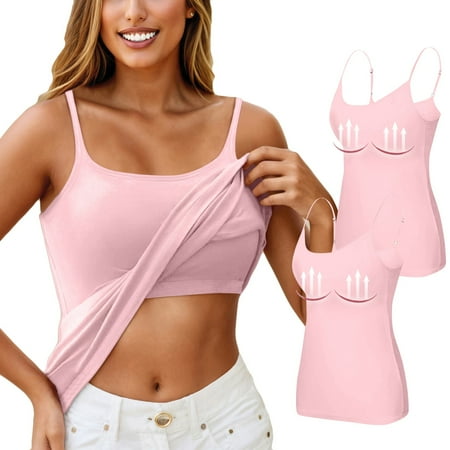 XADYUY 2PCS Tank Tops with Built In Bras Shelf Bra Camisoles Adjustable Spaghetti Strap Shelf Bras Yoga Workout Plus Size Padded Undershirts Pink 2XL