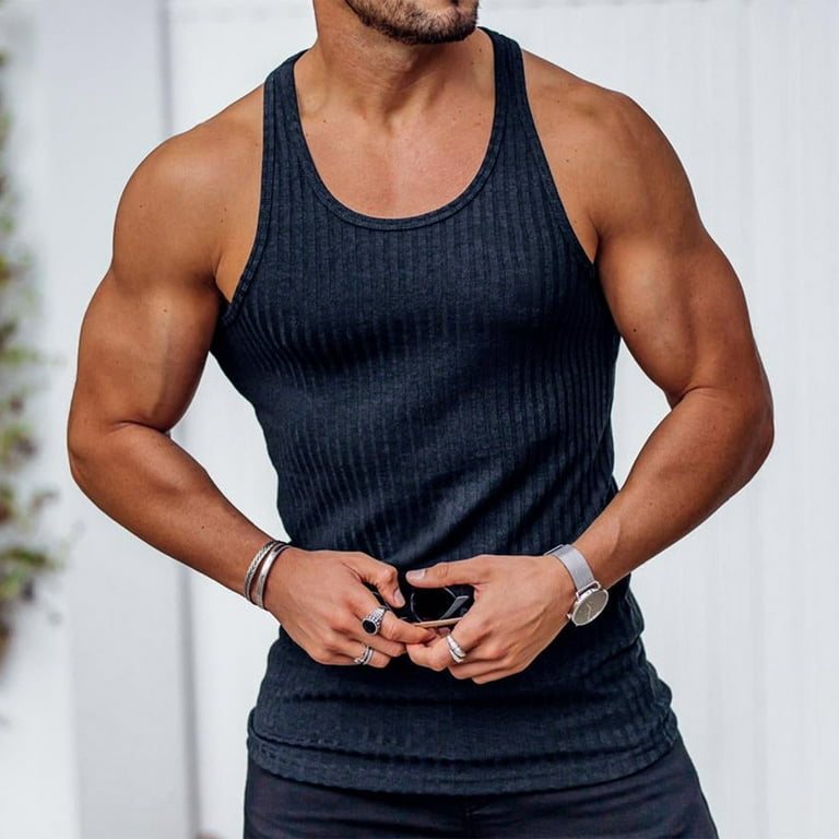 Ersazi Huk Fishing Shirts for Men Men Casual Solid Tight Fitting Sports Stripe Gym Tank Tops Vest Muscle Camisole for Men,Navy,XL, Men's, Blue