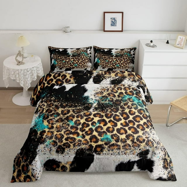 Leopard Print Kids Comforter Set King Size,Boys Girls Adults Bedroom Decor,Black White Cow Texture Down Comforter,Abstract Animals Skin Bedding Set,Rustic Farmhouse Duvet Insert