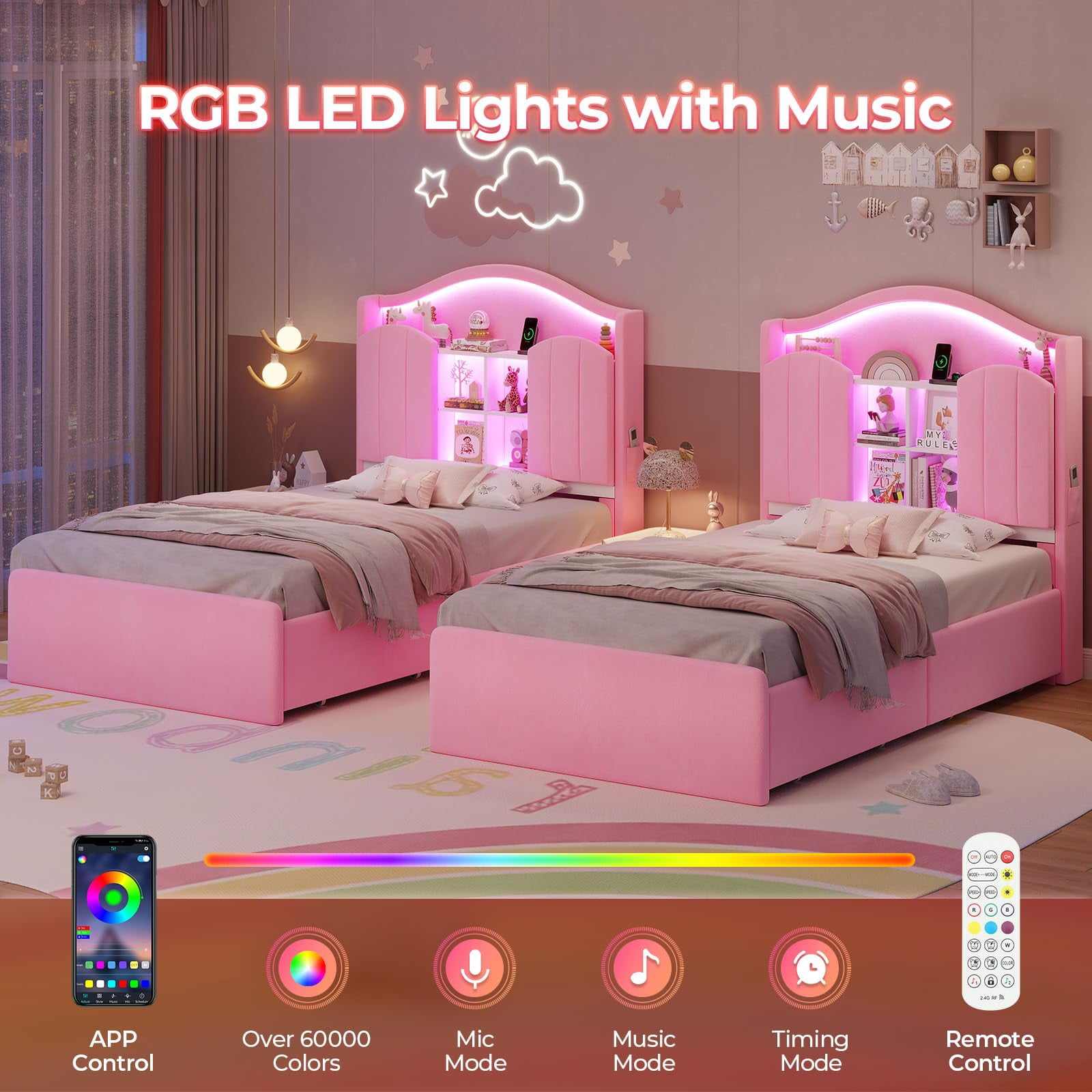 Twin Size Girls Bed Frame with 4 Drawers & Storage Headboard, LED Lights,Charging Station,Metal Slats, Velvet Upholstered Bed,No Box Spring Needed, Noise Free, Beige