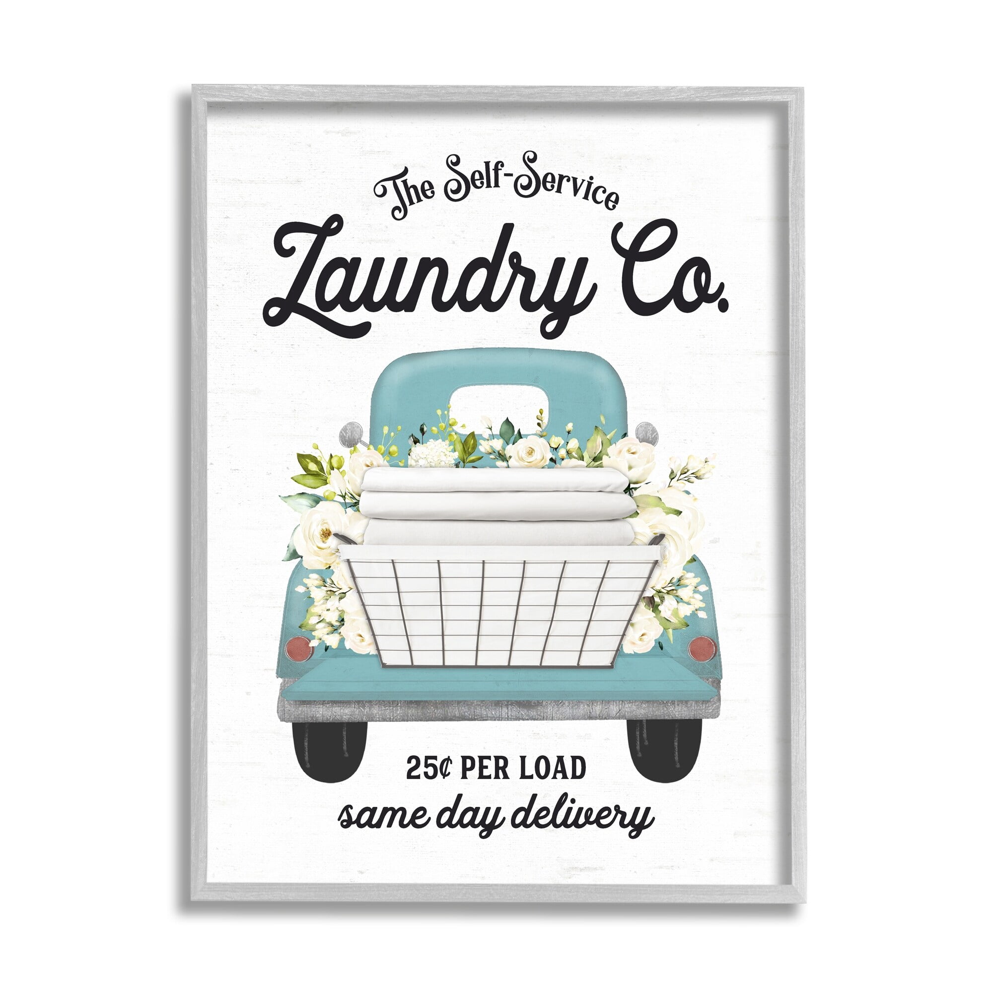 Stupell Industries Self Service Laundry Co. Antique Truck Flower Arrangement Graphic Art Gray Framed Art Print Wall Art, Design by Lettered and Lined