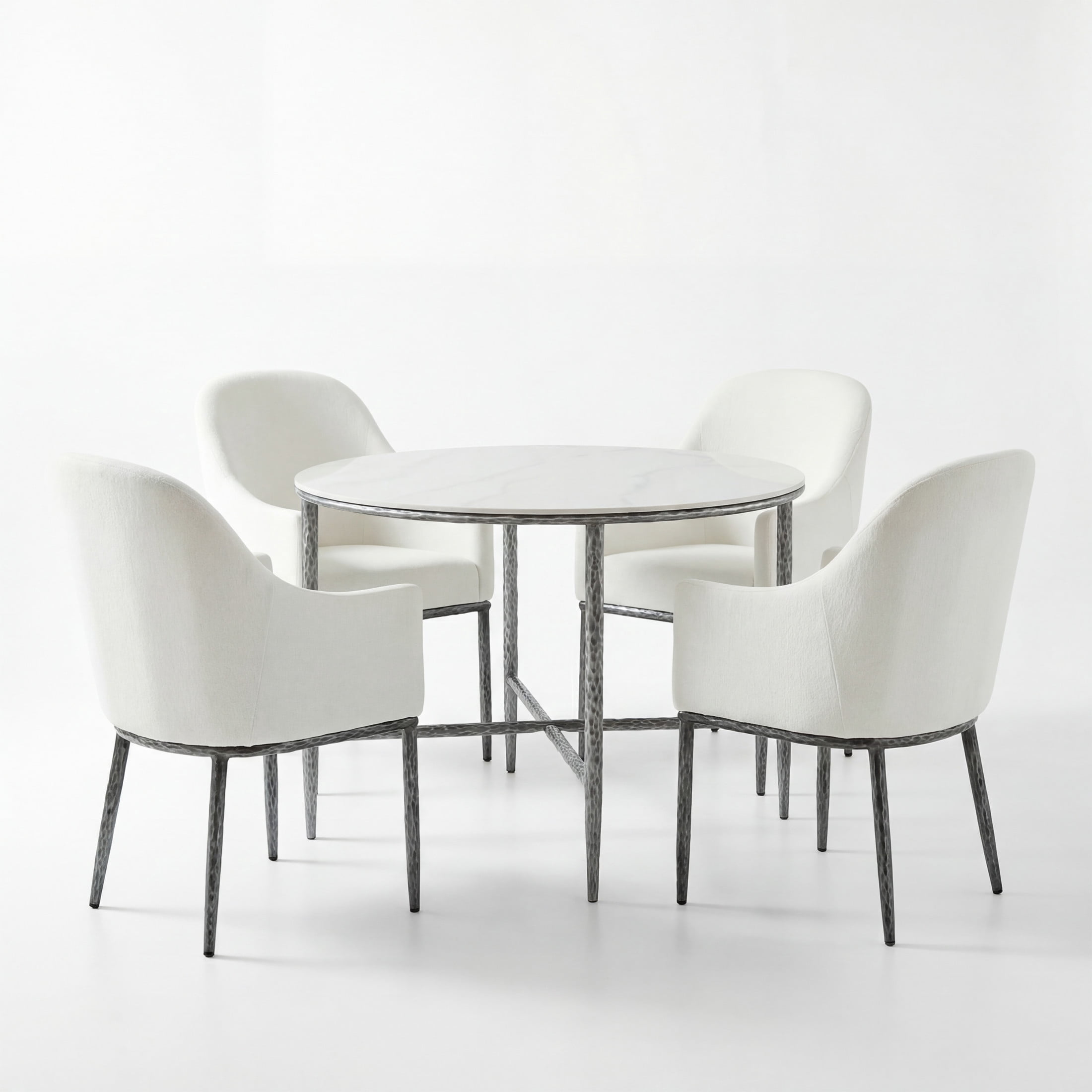 Christopher Knight Home Round Dining Set for 4, Stone Top Table with Armchairs, Metal Legs, Forged Pewter