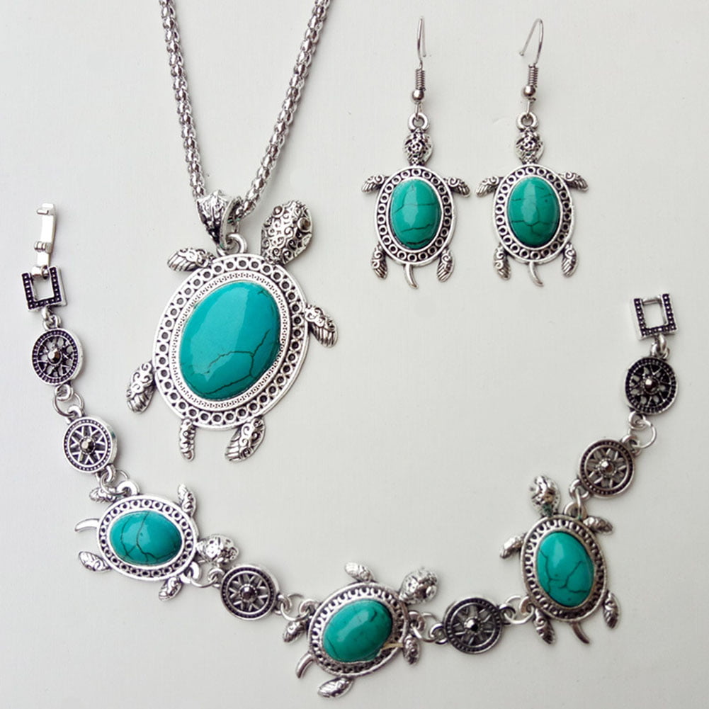 Jovono Womens Necklace Earring Bracelet Set For Women and Girls With Alloy Turtle Turquoise Black