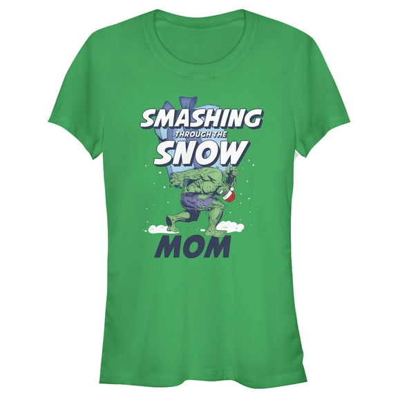 Junior's Marvel Christmas Hulk Mom Snow Graphic Tee Kelly Green Large