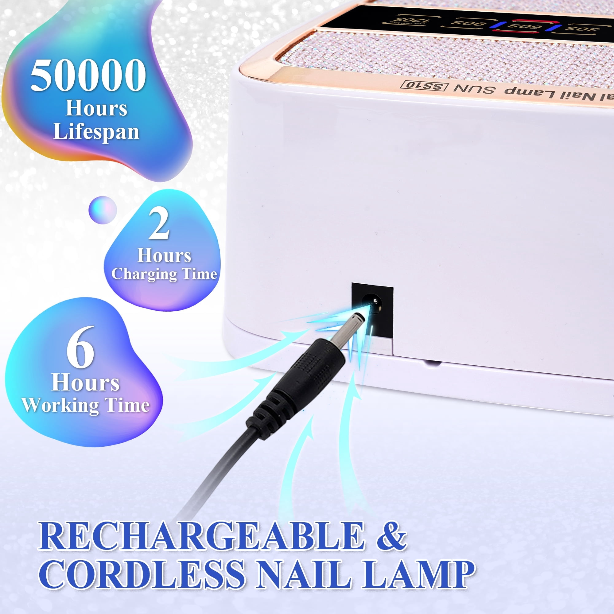 TJT UV LED Nail Lamp, 168W Rechargeable Cordless Nail Lamp for gel polish, Professional 4 Timer Modes and LCD Display with Crystal Diamonds，White