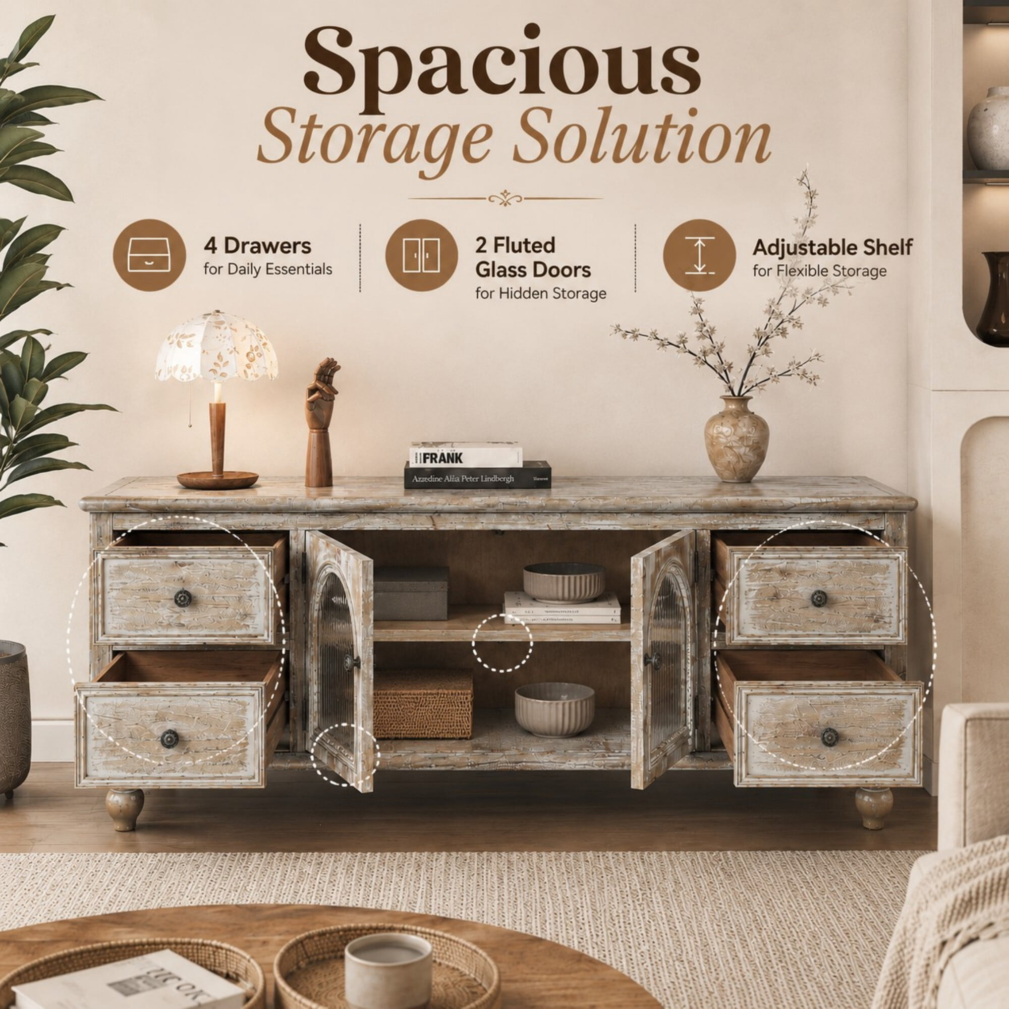 AENKYO 60 Inch Farmhouse TV Stand with 4 Drawers & 2 Glass Doors, Rustic Media Console – Gray Wash